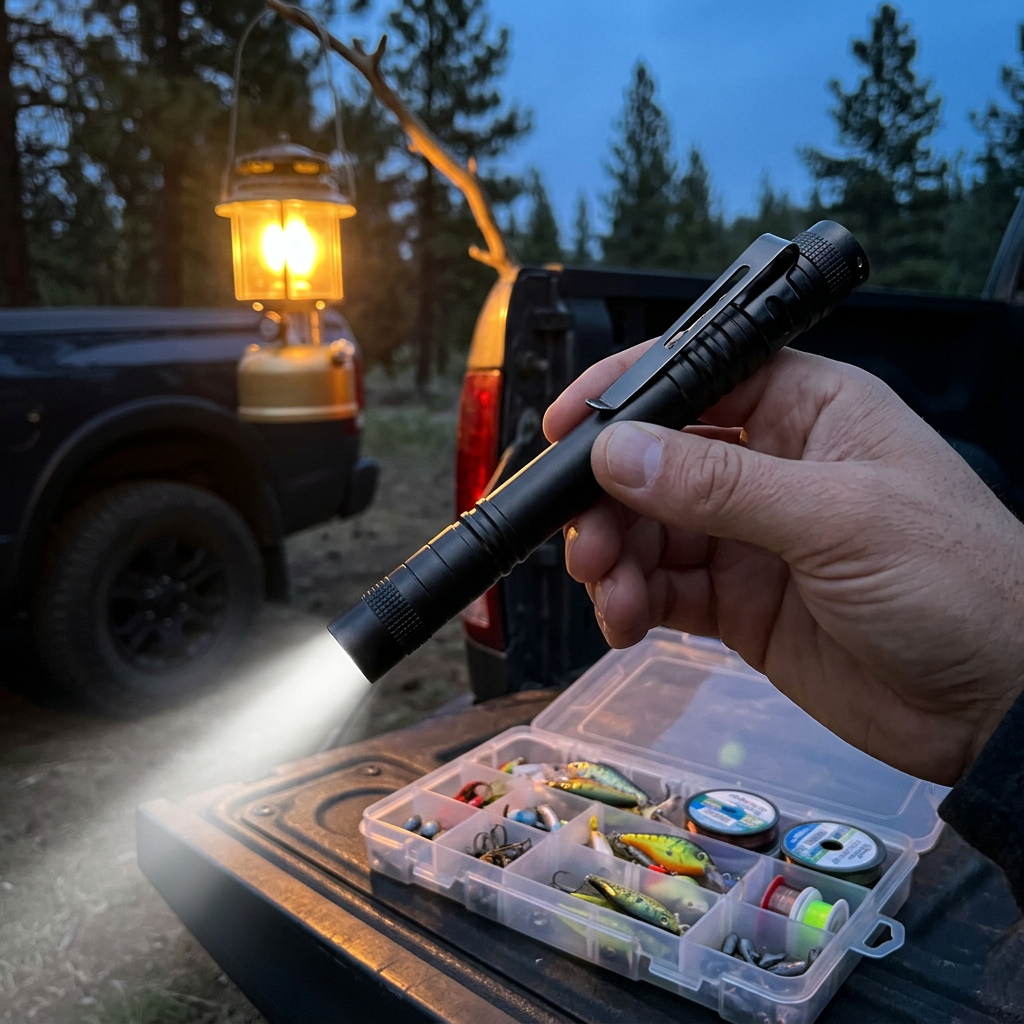 Hand shining the PenBeam black pen light onto a tackle box on a truck tailgate at dusk