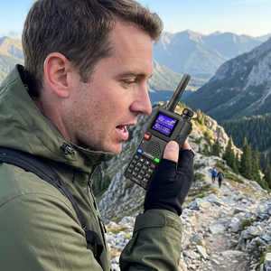 Hiker on a mountain ridge talking into the black SkyCopy two-way radio, with other hikers on the trail below