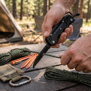 Camper using the saw on the black Trailside pocket multi-tool to cut paracord at a campsite table