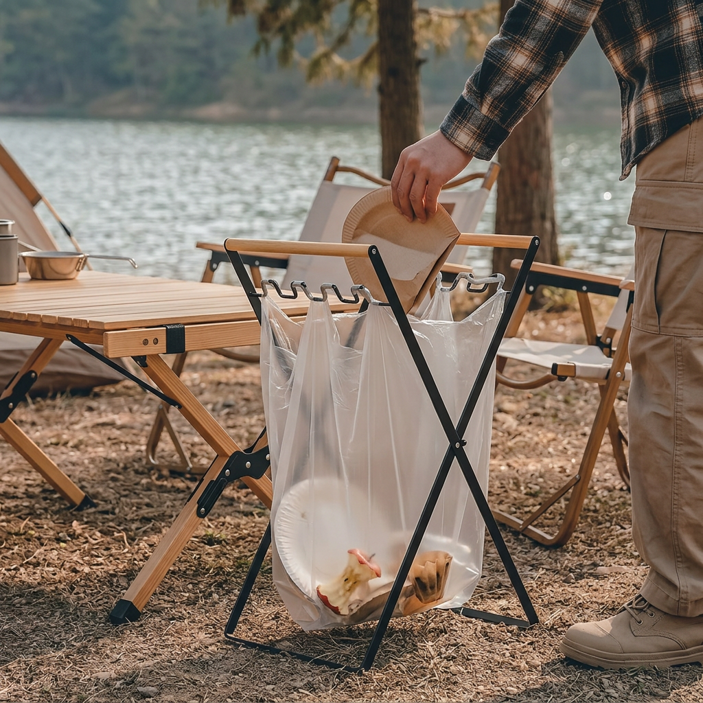 Black TidyBin Pro folding trash bag holder beside a camp table at a lakeside campsite