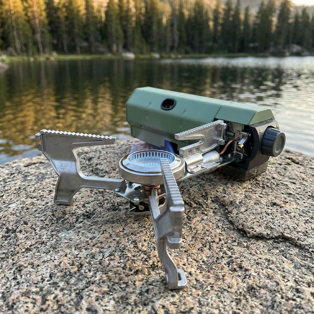 Green AdventureChef camping stove lit with a blue flame on a granite rock beside a mountain lake at golden hour