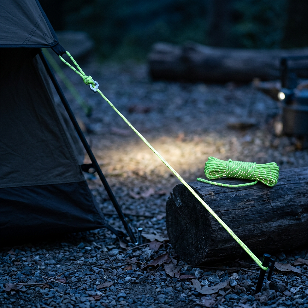Lime green NightTrace reflective cord used as a tent guy line at dusk, with a coil of cord on a log