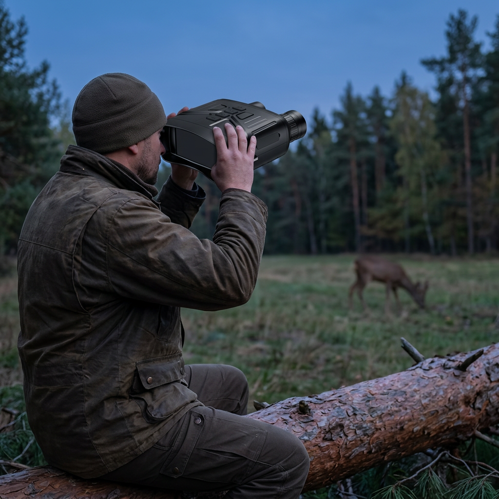 Man sitting on a log at dusk looking through black digital night vision binoculars at a deer