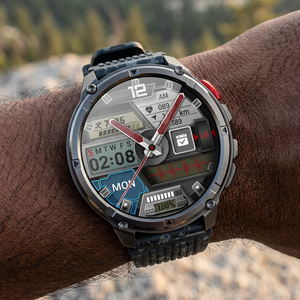 TrailCore outdoor smartwatch with a blue camouflage silicone band on a wrist at a trail overlook