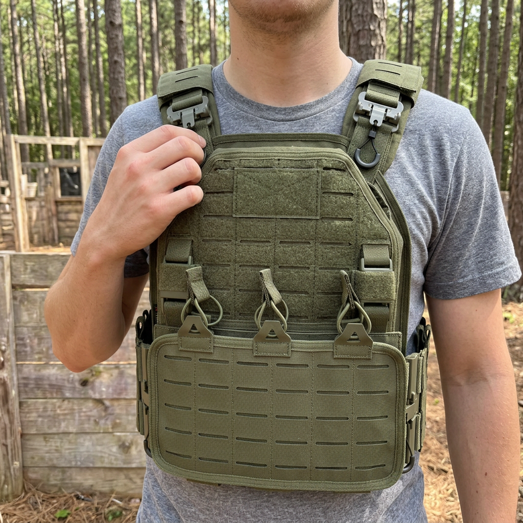 Player at an outdoor airsoft field wearing an army green plate carrier style vest