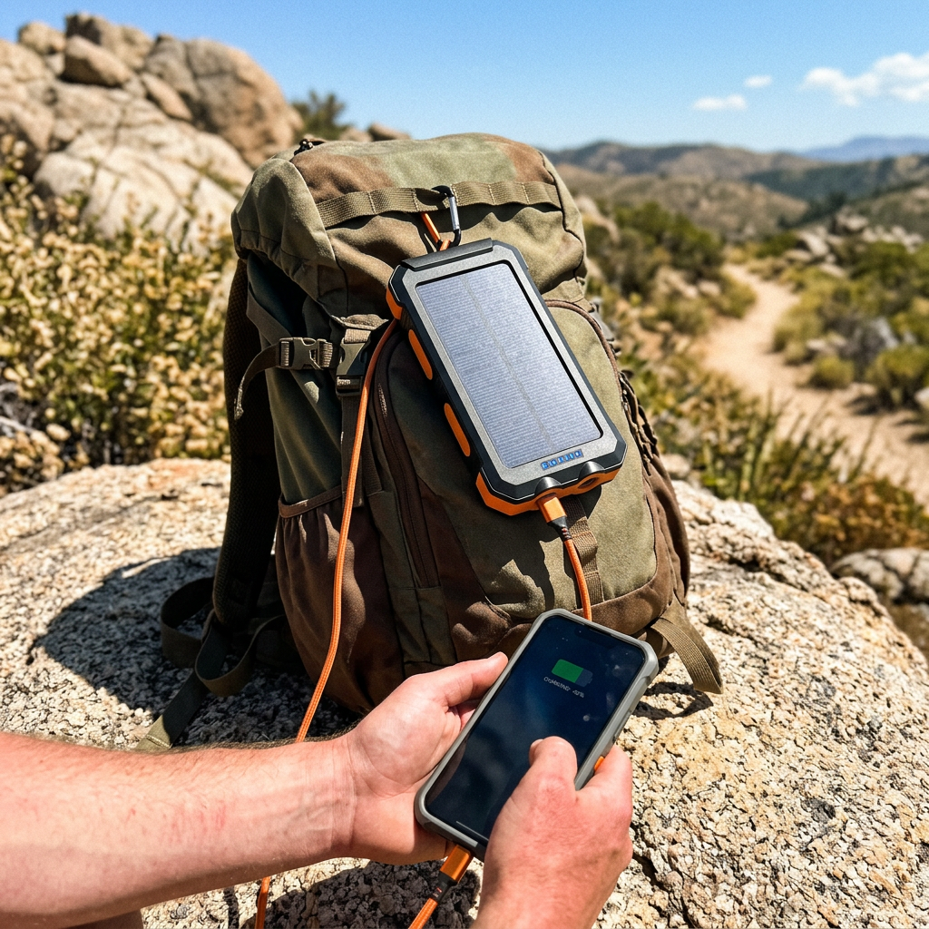 Orange SolarSure Pro solar power bank on a backpack charging a hiker's phone on a sunny trail