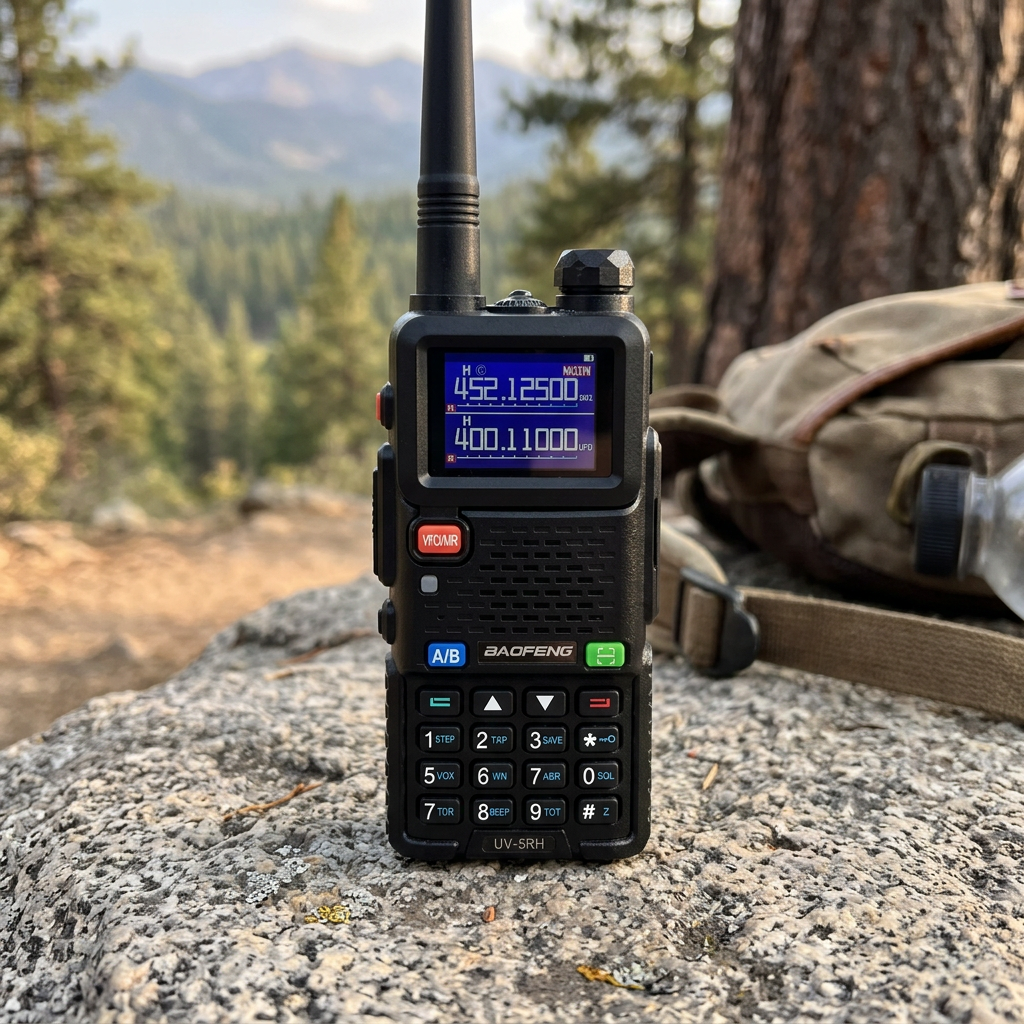 Black SkyCopy two-way radio standing on a granite rock beside a hiking trail, backpack behind it, pine valley in the distance