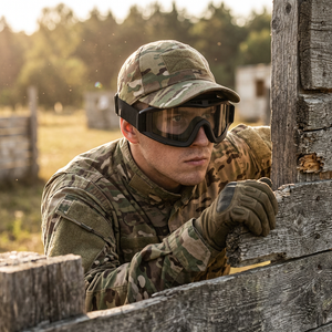 Man in camo wearing black tactical goggles behind wooden cover outdoors