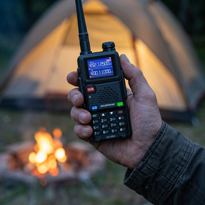 Hand holding the black SkyCopy two-way radio at a campsite at dusk, glowing tent and campfire behind