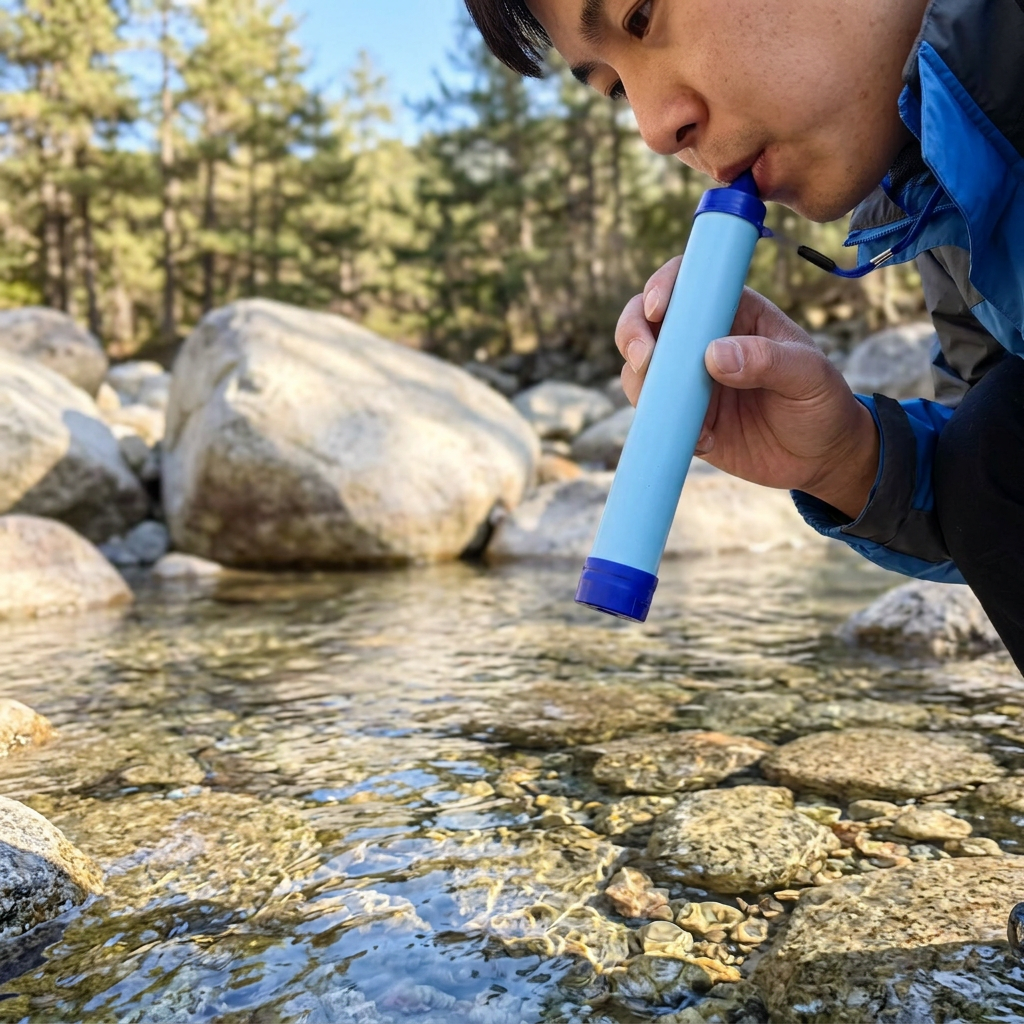 Hiker drinking from a mountain stream through a blue water filter straw