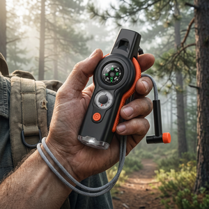 Hiker holding the orange and black TrailSignal 7-in-1 whistle with compass on its gray cord in a misty pine forest