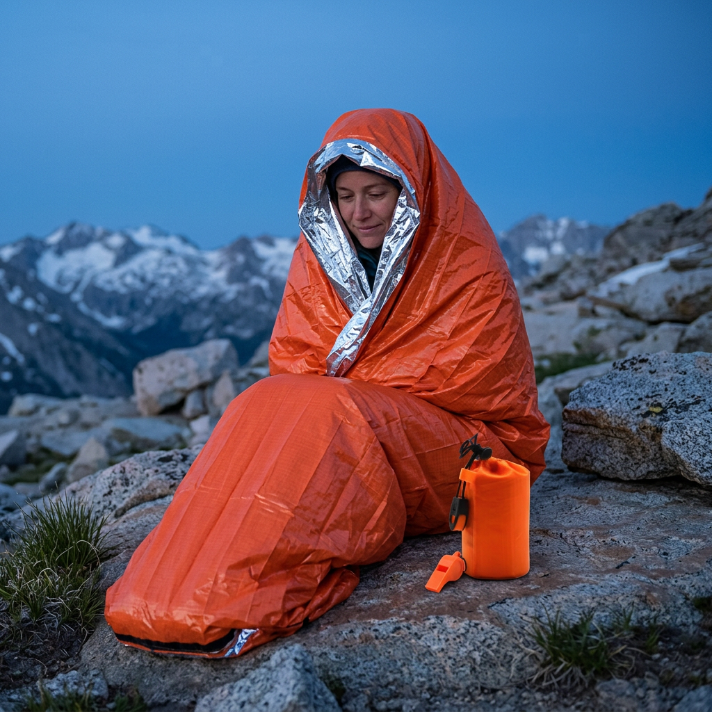 Hiker wrapped in the orange TrailWrap emergency bag with silver lining at a rocky campsite at dusk, whistle sack beside him