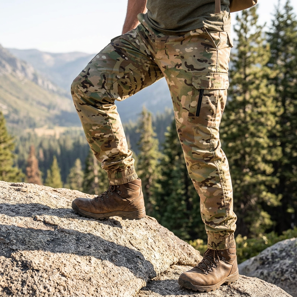 Hiker stepping up a granite ledge in RidgeLine camo cargo joggers with cargo pocket and cuffed ankles, pine valley behind