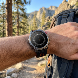 TrailCore smartwatch with black and orange band on a hiker's wrist, compass on screen, mountain trail behind