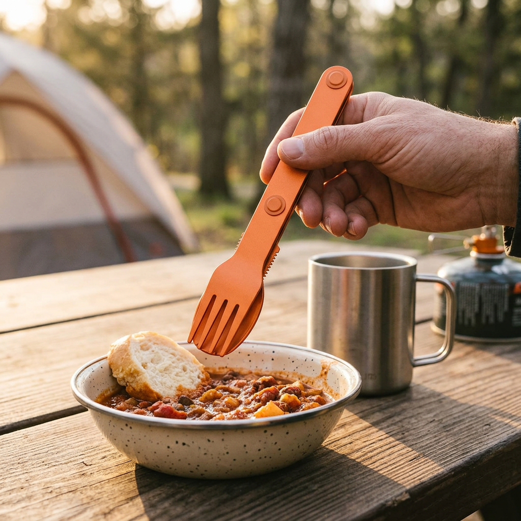Hand holding the Solar Orange Magnetic Adventure folding camp fork over a bowl of stew at a campsite