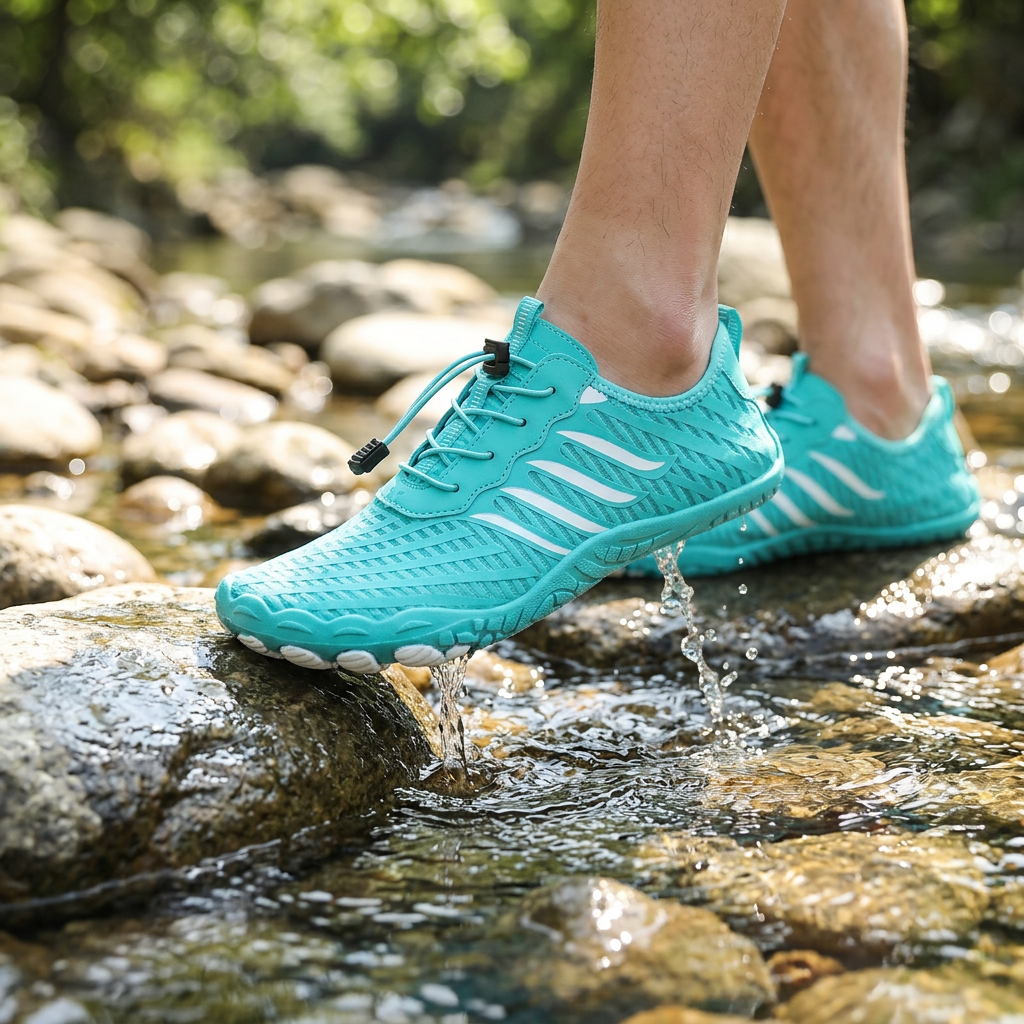 Teal barefoot trail shoes with white stripes stepping across wet creek rocks