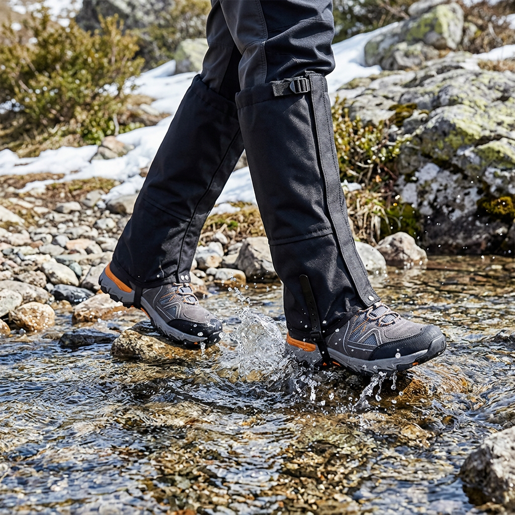 Black WeatherTrek Pro waterproof gaiters over gray hiking boots splashing across a cold rocky stream