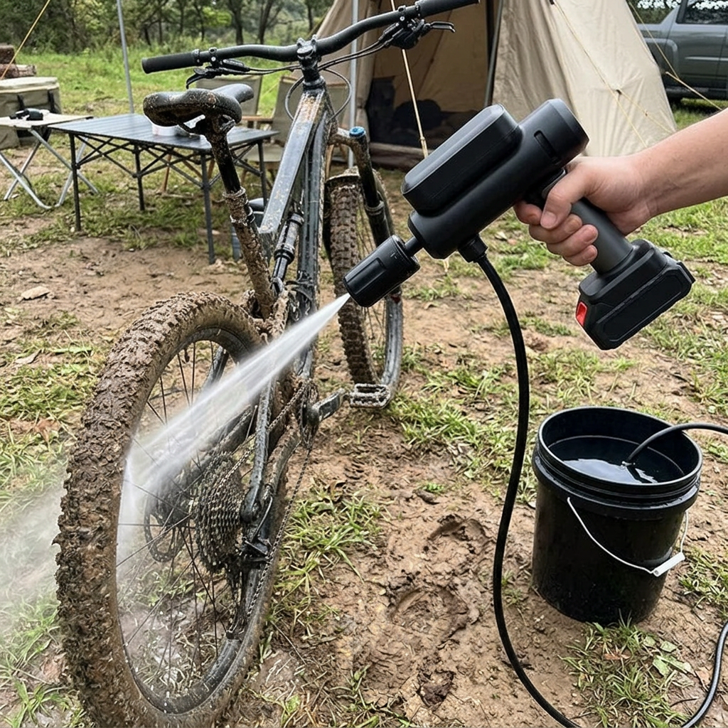 Cordless pressure washer gun spraying mud off a mountain bike at a campsite