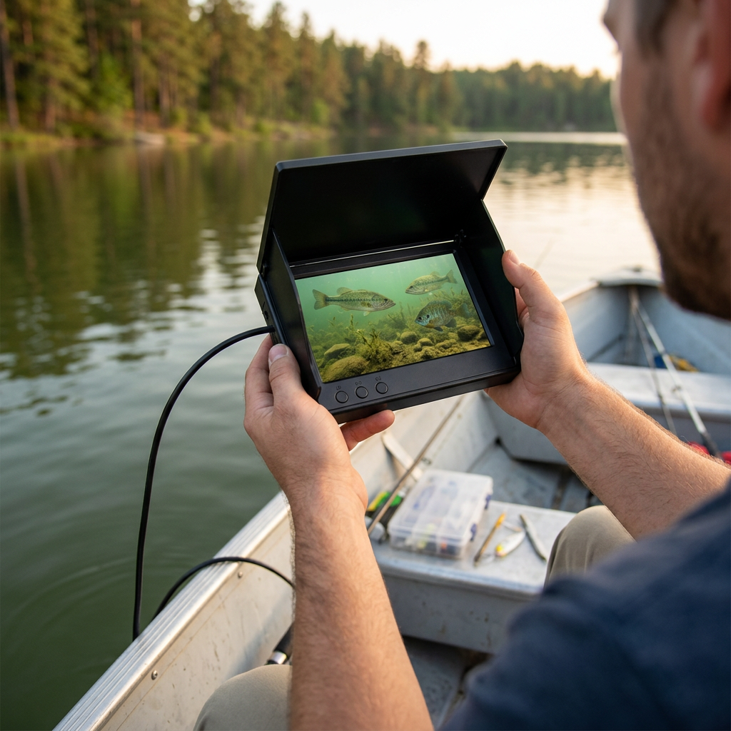Angler in a small boat on a calm lake holding the DeepCatch fish finder screen, showing bass swimming near the lake bottom