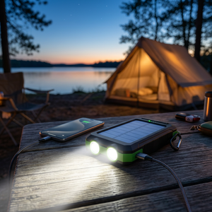Green TrailCell solar power bank with flashlights on, charging a phone on a camp table by a lakeside tent at dusk