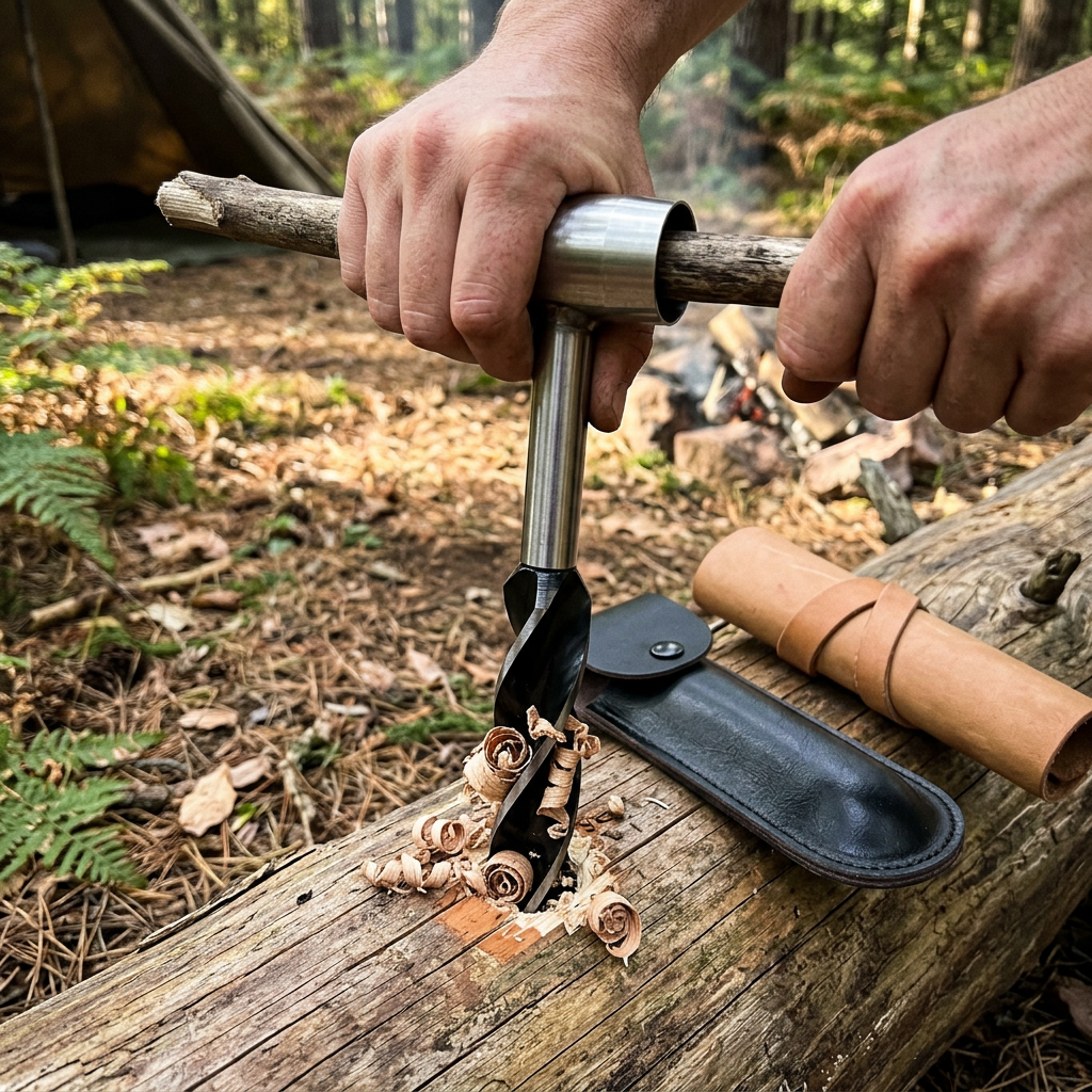 Hands turning a steel hand auger into a log at a forest campsite, black sheath beside it