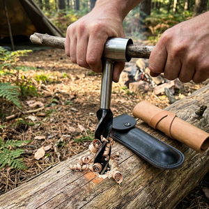 Hands turning a steel hand auger into a log at a forest campsite, black sheath beside it