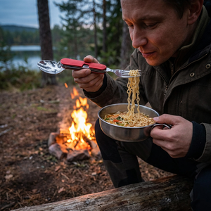 Camper eating noodles by a campfire with the red Compact Adventure folding utensil set