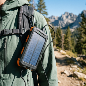 Orange TrailCell solar power bank clipped to a hiker's backpack strap on a mountain trail, charging cable attached
