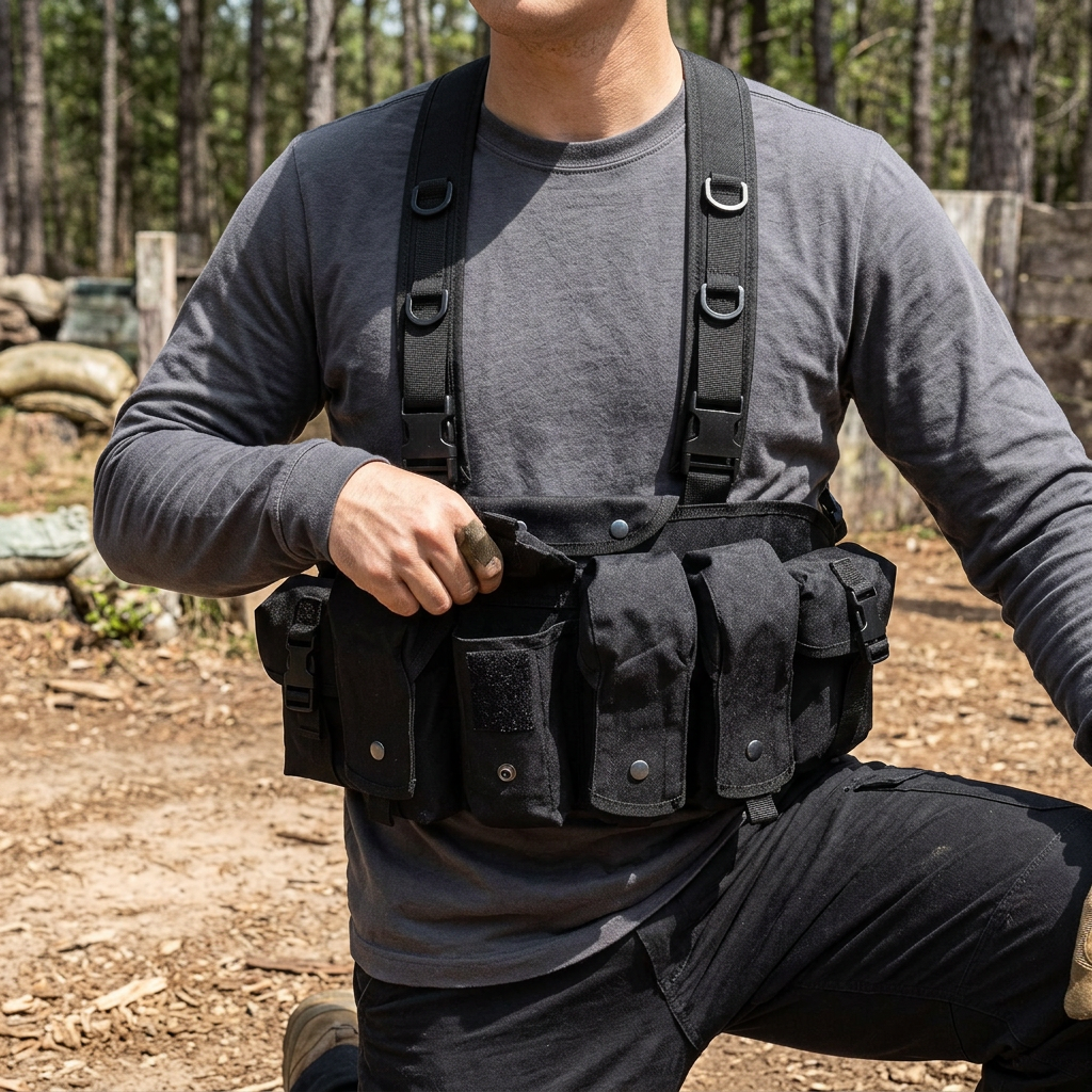 Man kneeling outdoors wearing a black chest rig with magazine pouches