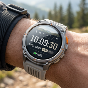 TrailCore outdoor smartwatch with a light grey ribbed silicone band on a wrist near a mountain trail