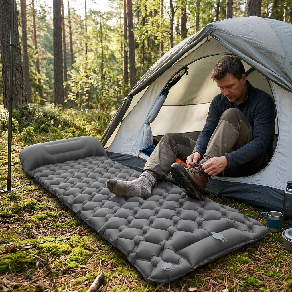 Gray CampCloud air pad with built-in pillow laid out by a tent while a hiker laces his boots at a forest campsite
