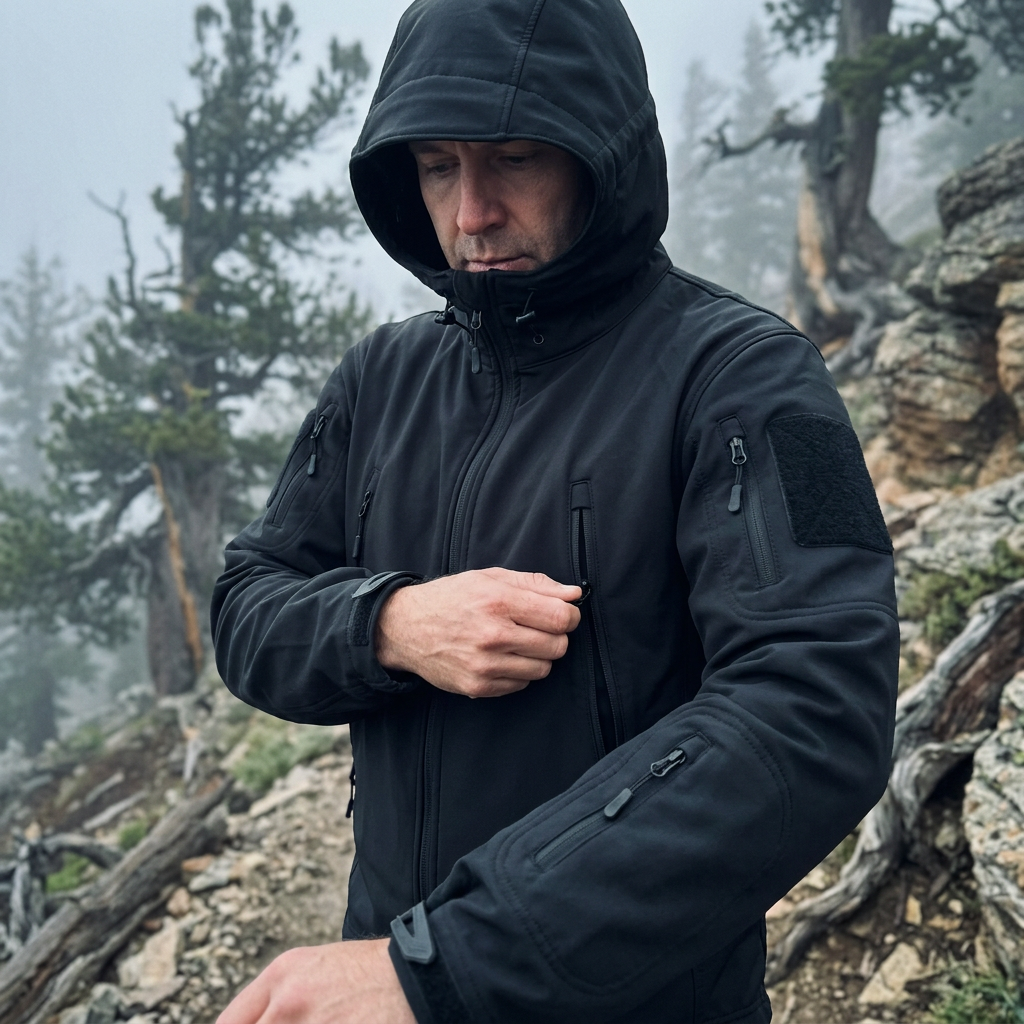 Hiker in the black TrailShell hooded softshell jacket zipping a pocket on a misty mountain trail