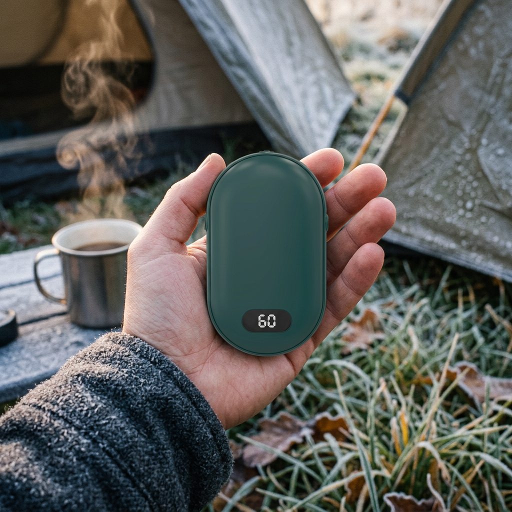 Green rechargeable hand warmer showing 60 in a hand at a frosty campsite, steaming coffee mug and tent behind