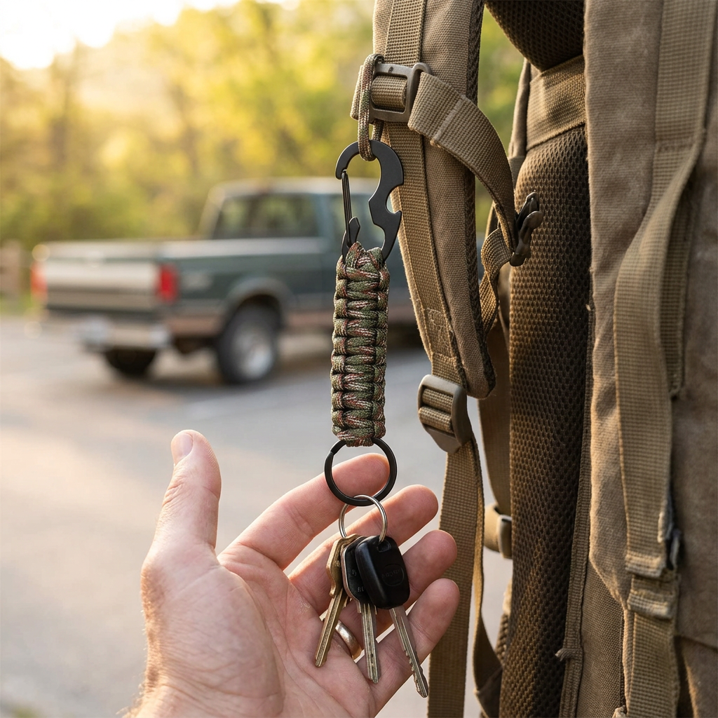 Camo paracord survival keychain clipped to a backpack strap, hand holding the keys at a trailhead