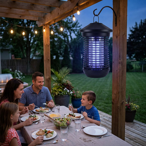 GlowZap black bug zapper lamp hanging on a pergola while a family eats dinner on the patio