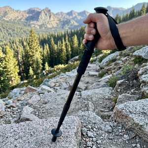 Hand gripping a black trekking pole with wrist strap on a rocky mountain trail