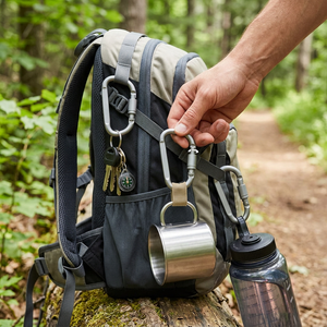 Silver screw-lock AdventureClip carabiners holding a steel mug, keys and a water bottle on a hiking backpack