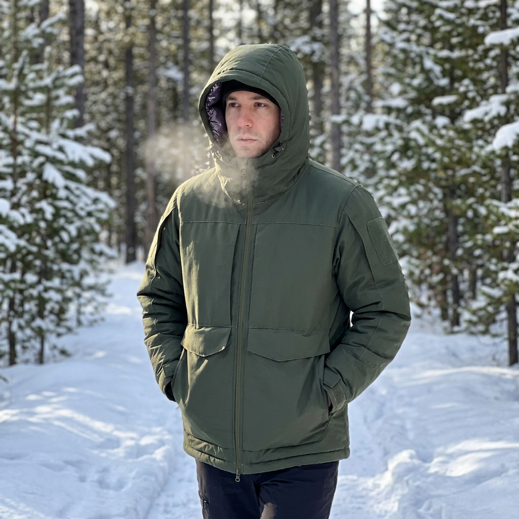Man walking a snowy pine trail in a dark green padded winter jacket with the hood up