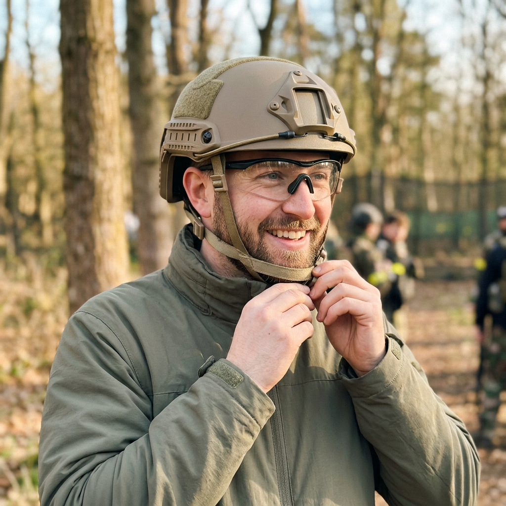 Smiling player buckling the Mud tan RidgeTop fast helmet with side rails at a wooded field