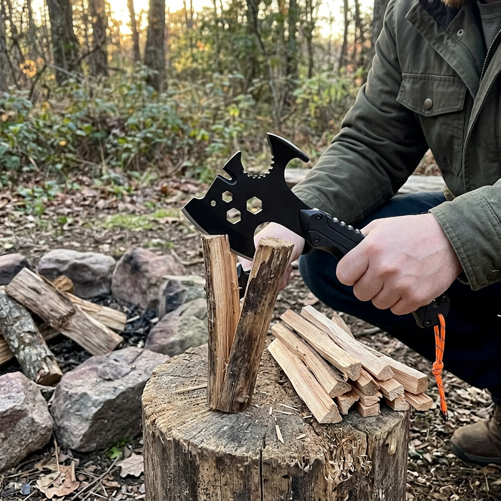 Camper splitting kindling on a stump with the Onyx Black Adventure Ready multi-tool camp hatchet