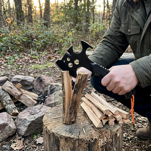 Camper splitting kindling on a stump with the Onyx Black Adventure Ready multi-tool camp hatchet