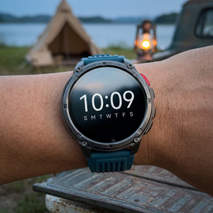 NatureTactic TrailCore rugged smartwatch with teal-blue ribbed silicone band on a man's wrist, Blue variant (row 3)