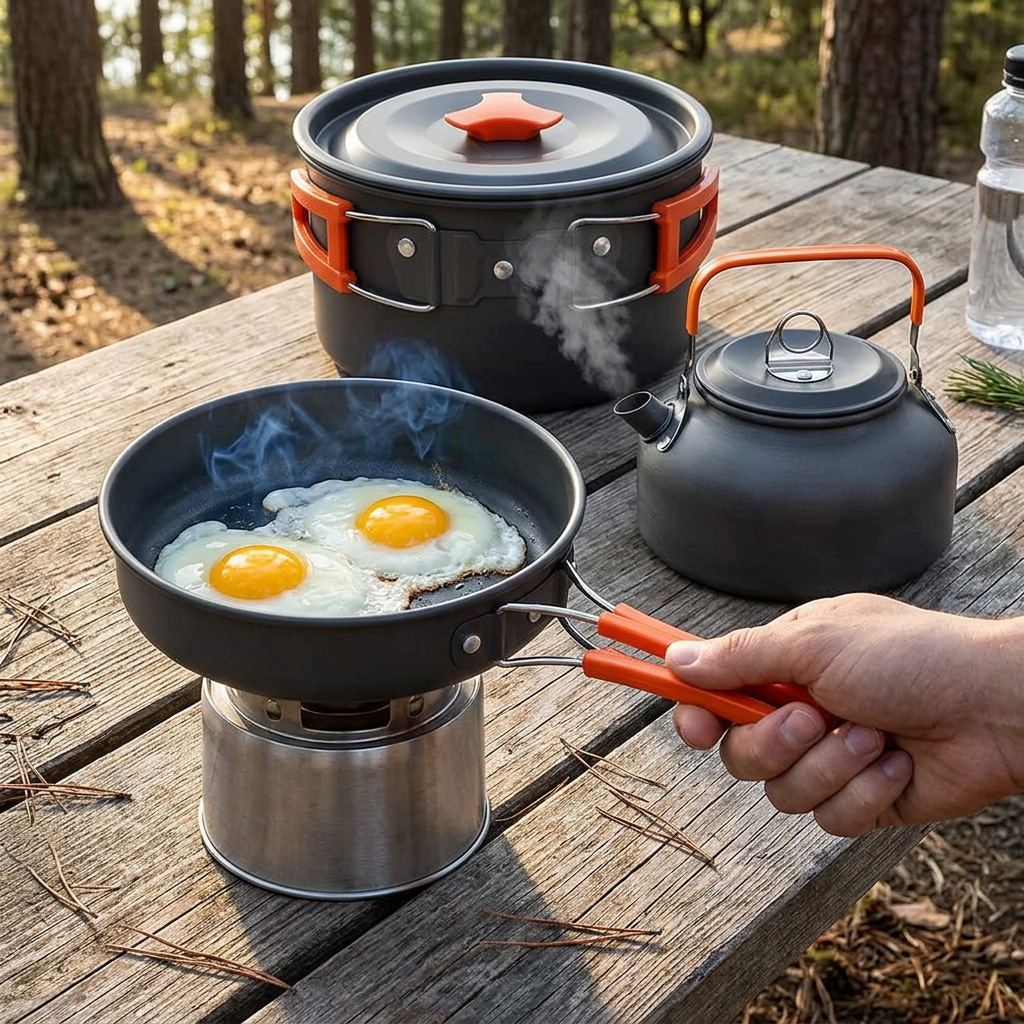 TrailKitchen pan frying eggs on a camp stove beside the steaming kettle and lidded pot, orange handles, on a camp table