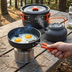 TrailKitchen pan frying eggs on a camp stove beside the steaming kettle and lidded pot, orange handles, on a camp table