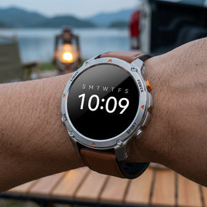 SummitNav GPS smartwatch with a brown leather band on a wrist at a lakeside campsite at dusk