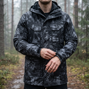Man on a misty forest trail wearing a black snakeskin camo hooded field jacket