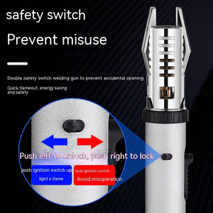 Close-up of the slide lock on a silver torch lighter: push left to unlock, right to lock