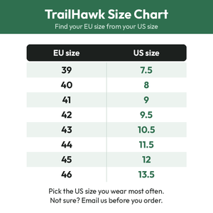 TrailHawk size chart: EU 39 is US 7.5, 40 is 8, 41 is 9, 42 is 9.5, 43 is 10.5, 44 is 11.5, 45 is 12, 46 is 13.5