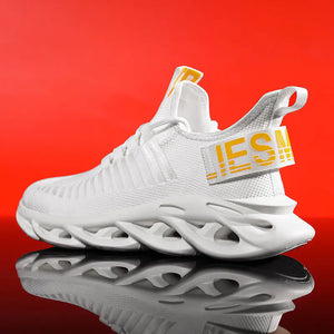 White TrailHawk running shoe, heel view, with a yellow print tab on a red background
