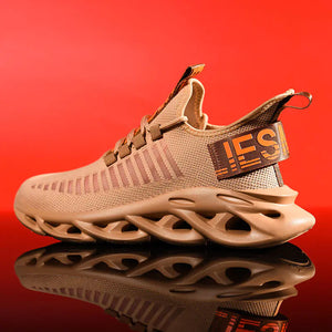 Tan TrailHawk running shoe with a brown heel strap, side view, on a red background